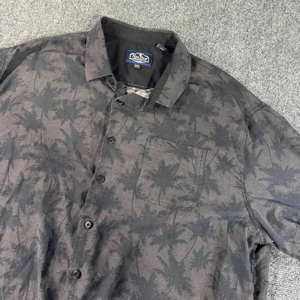 Nat Nast Mens XXL Silk Cotton Palm Tree Print Button Down Shirt Charcoal Grey